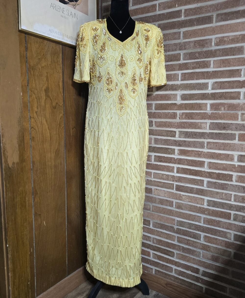 Mark & John by Gopal Yellow Silk Beaded Sequin Maxi Gown V Neck Short Sleeve L